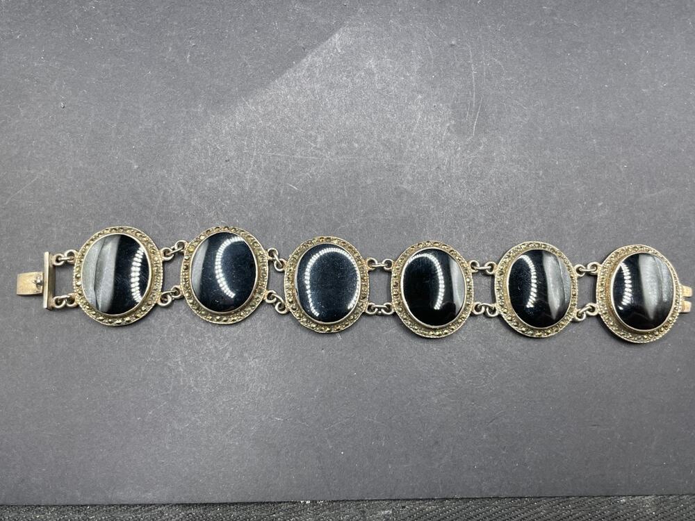 Vintage Sterling Silver 925 Black Onyx With Marcasite Panel Link Bracelet Sz 6.5